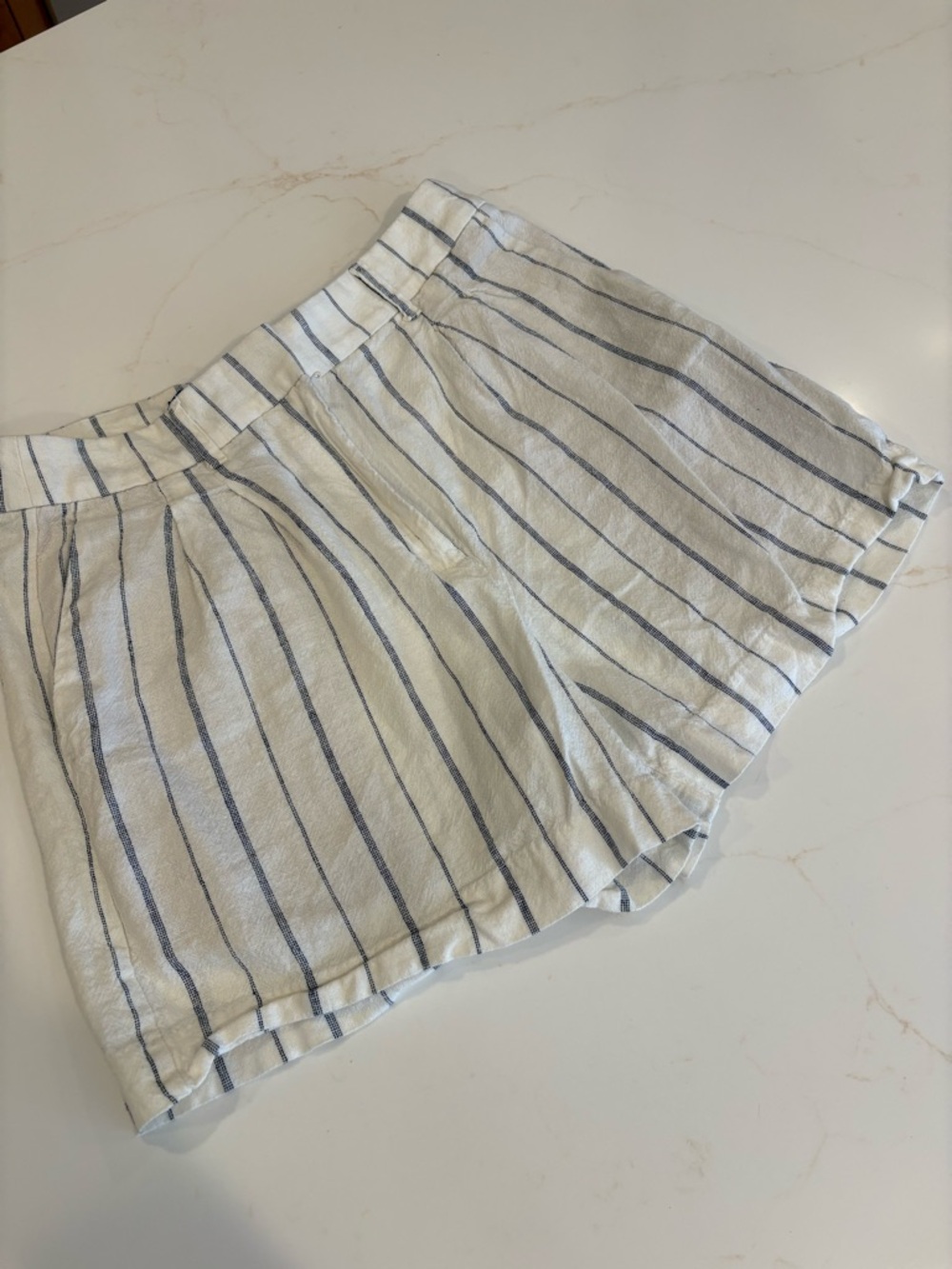 Striped White and Navy Women's Linen Shorts